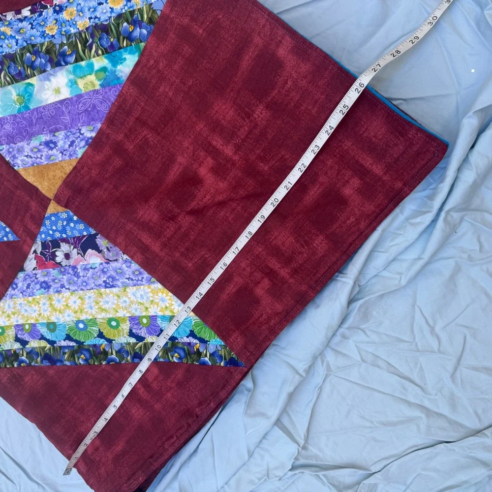 Vintage Handmade Star Patchwork Quilt Burgundy Floral Mason Jar Embroidery 60x60